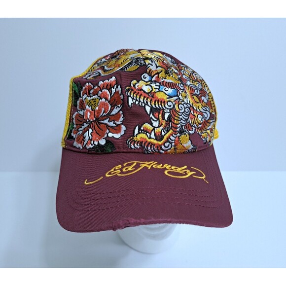 Vintage ED HARDY by Christian Audigier Yellow Red Dragon Graphic Mesh Snapback - Picture 9 of 10